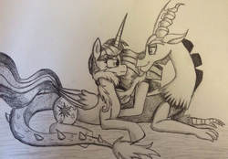 Size: 960x668 | Tagged: safe, artist:leffenkitty, discord, twilight sparkle, alicorn, pony, g4, female, mare, monochrome, traditional art, twilight sparkle (alicorn)