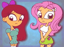 Size: 1024x755 | Tagged: safe, artist:rray-xd, fluttershy, human, equestria girls, g4, clarence, clothes, crossover, duo, duo female, female, human coloration, human female, kimby, older, skirt, tank top