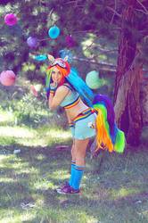 Size: 636x960 | Tagged: safe, artist:babygirlfallenangel, rainbow dash, human, g4, black underwear, bra strap, clothes, cosplay, irl, irl human, midriff, photo, shoes, skirt, sneakers, sports bra, underwear