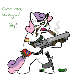 Size: 765x740 | Tagged: safe, artist:jargon scott, sweetie belle, g4, ammunition, ammunition belt, camouflage, cigar, cmc cape, gun, knife, shotgun, shotgun shell, tally marks