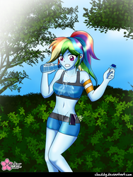 Size: 900x1199 | Tagged: safe, artist:clouddg, rainbow dash, equestria girls, g4, belly button, cellphone, clothes, earbuds, female, midriff, phone, shorts, smartphone, solo, spill, spilled drink, spilled water, sports bottle, sports bra, sports shorts, water, wet