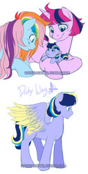 Size: 410x810 | Tagged: safe, artist:hazurasinner, oc, oc only, oc:starchaser, oc:windy belle, pegasus, pony, unicorn, baby, baby pony, colored wings, female, gradient wings, lesbian, magical lesbian spawn, offspring, offspring shipping, offspring's offspring, parent:fluttershy, parent:oc:starchaser, parent:oc:windy belle, parent:pinkie pie, parent:rainbow dash, parent:twilight sparkle, parents:flutterdash, parents:oc x oc, parents:twinkie, shipping, starbelle, watermark