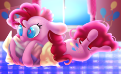 Size: 3248x1984 | Tagged: dead source, safe, artist:bambisbaby, pinkie pie, earth pony, pony, g4, cute, diapinkes, female, floppy ears, mare, pillow, solo, watermark