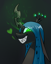 Size: 1024x1280 | Tagged: safe, artist:underpable, queen chrysalis, changeling, changeling queen, derpin daily, g4, crown, fangs, female, floppy ears, grin, heart, jewelry, looking at you, regalia, solo