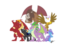 Size: 1024x768 | Tagged: safe, artist:jo-bac, garble, gilda, scorpan, spike, trixie, changeling, dragon, griffon, pony, unicorn, g4, female, mare, older, older spike, simple background, transparent background, wings