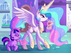 Size: 4803x3602 | Tagged: safe, artist:shira-hedgie, princess celestia, twilight sparkle, alicorn, pony, unicorn, g4, cookie, drink, eyes closed, female, filly, magic, mare, momlestia, telekinesis