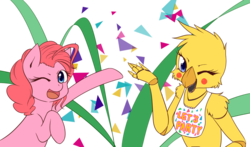 Size: 1280x751 | Tagged: safe, artist:dieva4130, pinkie pie, earth pony, pony, g4, celebration, chica, crossover, duo, five nights at freddy's, five nights at freddy's 2, one eye closed, toy chica, wink