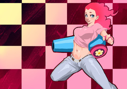 Size: 2000x1400 | Tagged: safe, artist:jankojaro, pinkie pie, human, g4, belly button, breasts, busty pinkie pie, clothes, female, fingerless gloves, gloves, humanized, jeans, looking at you, midriff, party cannon, smiling, solo