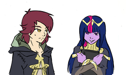 Size: 1899x1129 | Tagged: safe, artist:nayaasebeleguii, normal norman, twilight sparkle, equestria girls, g4, background human, book, fire emblem, fire emblem awakening, tharja