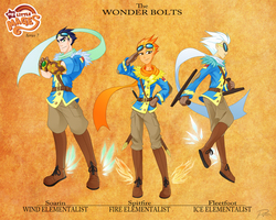Size: 1647x1319 | Tagged: safe, artist:didj, fleetfoot, soarin', spitfire, human, my little mages, g4, clothes, elementalist, floating wings, gauntlet, gloves, goggles, humanized, salute, scarf, simple background, sword, tonfa, trio, uniform, wonderbolts