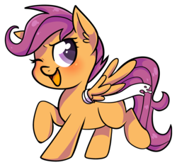 Size: 1428x1332 | Tagged: safe, artist:voraire, scootaloo, pegasus, pony, g4, bandage, bandaged wing, blank flank, cute, cutealoo, female, filly, foal, one eye closed, open mouth, raised hoof, simple background, solo, spread wings, transparent background, wings, wink