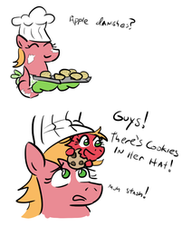Size: 623x776 | Tagged: safe, artist:jargon scott, big macintosh, earth pony, pony, g4, apple danish, apron, chef's hat, clothes, comic, cookie, cute, dialogue, duality, female, hat, macareina, macaron, muh, oven mitts, rule 63, tiny mac, too many macareinas