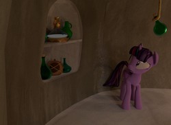 Size: 1041x756 | Tagged: safe, artist:3d thread, rainbow dash, twilight sparkle, alicorn, pony, g4, 3d, 3d model, blender, bottle, female, flashback potion, low quality, mare, pony in a bottle, potion, rope, shelf, trapped, twilight sparkle (alicorn), worried