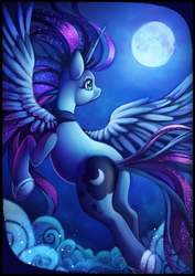 Size: 1024x1448 | Tagged: safe, artist:sprucie, princess luna, alicorn, pony, g4, butt, cloud, female, flying, mare, moon, moonbutt, night, night sky, plot, sky, solo, windswept mane