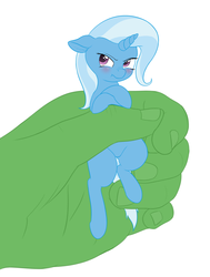 Size: 1495x1975 | Tagged: safe, artist:zippysqrl, trixie, oc, oc:anon, pony, g4, hand, holding a pony, in goliath's palm, micro, nose wrinkle, scrunchy face, size difference, tiny ponies, tsundere, tsunderixie