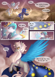 Size: 1000x1396 | Tagged: safe, artist:falleninthedark, discord, princess celestia, princess luna, star swirl the bearded, alicorn, pony, comic:twists and turns, g4, beard, cape, clothes, comic, corrupted, discord is star swirl, facial hair, female, flying, male, mare, mismatched wings, royal sisters, stallion