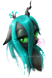 Size: 400x591 | Tagged: safe, artist:miszasta, queen chrysalis, changeling, changeling queen, g4, bubblegum, bust, crown, female, jewelry, looking at you, regalia, solo