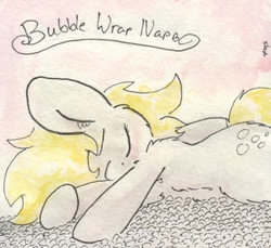 Size: 688x629 | Tagged: safe, artist:slightlyshade, derpy hooves, pegasus, pony, g4, bubble wrap, cute, derpabetes, female, mare, sleeping, solo, traditional art