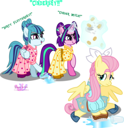 Size: 5694x5868 | Tagged: safe, artist:meganlovesangrybirds, aria blaze, fluttershy, sonata dusk, pony, equestria girls, g4, my little pony equestria girls: rainbow rocks, absurd resolution, abuse, alternate hairstyle, anastasia tremaine, cinderella, cindershy, clothes, cookie, crossover, dress, drizella tremaine, equestria girls ponified, flutterbuse, food, glass of water, pink dress, ponified, simple background, transparent background, yellow dress