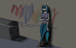 Size: 2560x1600 | Tagged: safe, artist:devilthedragon, dj pon-3, vinyl scratch, anthro, g4, boots, cigarette, female, graffiti, pony ears, smoking, solo, standing