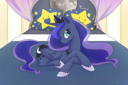 Size: 600x400 | Tagged: safe, artist:akautageri, princess luna, g4, bed, female, pillow, smiling, solo, stars