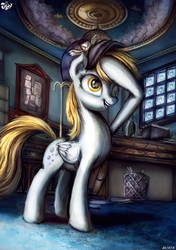 Size: 645x918 | Tagged: safe, artist:jowyb, derpy hooves, pegasus, pony, g4, female, hat, mailmare, mare, post office, solo