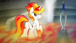 Size: 1024x576 | Tagged: safe, artist:drawponies, oc, oc only, oc:flame runner, alicorn, pony, female, lava, solo, sword