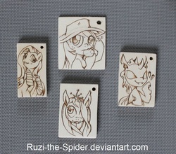 Size: 960x845 | Tagged: safe, artist:ruzi-the-spider, applejack, fluttershy, queen chrysalis, changeling, g4, apple, clothes, heart, pendant, pyrography, socks, traditional art, woodwork