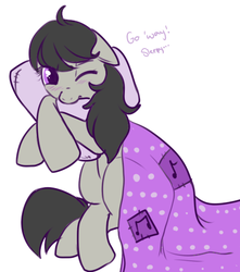 Size: 450x510 | Tagged: safe, artist:lulubell, octavia melody, earth pony, pony, g4, blanket, blushing, dialogue, female, floppy ears, hug, morning ponies, one eye closed, pillow, pillow hug, simple background, sleepy, solo, white background