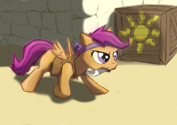 Size: 1704x1209 | Tagged: safe, artist:captainhoers, scootaloo, g4, clothes, crate, female, knife, mouth hold, solo, weapon
