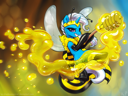 Size: 1500x1125 | Tagged: safe, artist:kp-shadowsquirrel, trixie, bee, pony, unicorn, g4, clothes, costume, female, flying, grin, honey, honey dipper, latex, mare, solo
