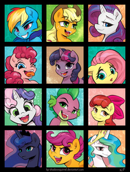 Size: 1050x1388 | Tagged: safe, artist:kp-shadowsquirrel, apple bloom, applejack, fluttershy, pinkie pie, princess celestia, princess luna, rainbow dash, rarity, scootaloo, spike, sweetie belle, twilight sparkle, alicorn, dragon, earth pony, pegasus, pony, unicorn, g4, alternate hairstyle, cutie mark crusaders, female, male, mane seven, mane six, mare, one eye closed, open mouth, tongue out, wink