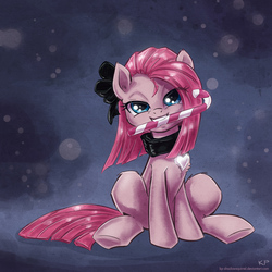 Size: 1200x1200 | Tagged: safe, artist:kp-shadowsquirrel, pinkie pie, earth pony, pony, g4, bow, candy cane, collar, cute, cuteamena, female, hair bow, heart, looking at you, mare, mouth hold, pinkamena diane pie, sitting, solo