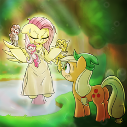 Size: 1000x1000 | Tagged: safe, artist:ushiro no kukan, applejack, fluttershy, pinkie pie, fairy, pony, g4, aesop's fables, bipedal, cross-popping veins, eyes closed, fairy fountian, female, hat, mare, micro, multeity, sweat, sweatdrop, the honest woodman, the legend of zelda, tiny ponies, water