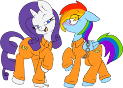 Size: 600x430 | Tagged: safe, artist:insane-feyaan, rainbow dash, rarity, pegasus, pony, unicorn, g4, bend over, bound wings, clothes, female, lesbian, prison outfit, prisoner rd, prisoner ry, ship:raridash, shipping