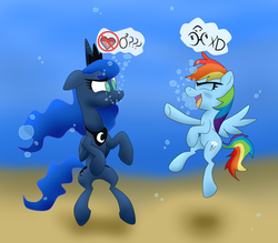 Size: 1024x896 | Tagged: safe, artist:uwdr-64, princess luna, rainbow dash, g4, bubble, funny, laughing, underwater