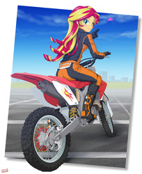 Size: 1000x1225 | Tagged: safe, artist:uotapo, sunset shimmer, human, equestria girls, ass, bunset shimmer, butt, clothes, cute, dirt bike, female, gloves, heart, jumpsuit, looking at you, motorcycle, motorcycle outfit, one eye closed, racing suit, shimmerbetes, smiling, solo, wink