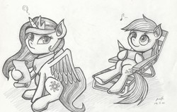 Size: 3284x2095 | Tagged: safe, artist:pxtt, derpy hooves, princess celestia, pegasus, pony, g4, ear fluff, female, frown, grayscale, high res, hoof hold, looking back, mare, mirror, monochrome, music notes, on back, question mark, scroll, simple background, sitting, smiling, sunbathing, traditional art