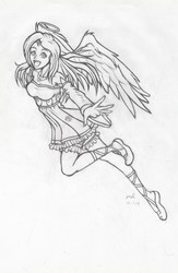 Size: 2137x3271 | Tagged: safe, artist:pxtt, fluttershy, angel, human, g4, beautiful, clothes, female, fluttershy the angel, flying, grayscale, halo, high res, humanized, monochrome, simple background, smiling, solo, song in the comments, traditional art, winged humanization