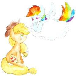 Size: 1179x1184 | Tagged: safe, artist:chiuuchiuu, applejack, rainbow dash, g4, cloud, simple background, traditional art, transparent background