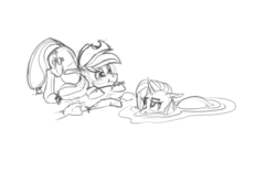 Size: 800x500 | Tagged: safe, artist:archonix, applejack, rarity, earth pony, pony, unicorn, g4, crouching, face down ass up, female, floppy ears, mare, monochrome, mud, scrunchy face, ship:rarijack, shipping, sketch, unamused