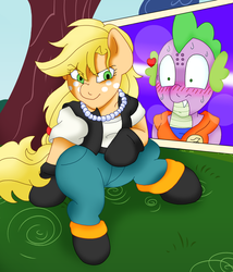 Size: 1629x1899 | Tagged: safe, artist:blackbewhite2k7, applejack, spike, g4, android 18, anime, applebucking thighs, blushing, clothes, crossover, dragon ball, dragon ball z, female, krillin, male, pants, ship:applespike, shipping, straight