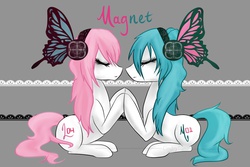 Size: 1024x683 | Tagged: dead source, safe, artist:cindrytuna, butterfly, duo, female, hatsune miku, headphones, lesbian, magnet (vocaloid), mare, megurine luka, ponified, song reference, vocaloid