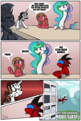 Size: 838x1250 | Tagged: safe, artist:jamescorck, princess celestia, oc, oc:britannia, oc:mecha, oc:movie slate, oc:pun, pony, robot, robot pony, ask celestia stuff, g4, defenestration, employer meme, exploitable meme, hejibits, meme, swanlestia, wilhelm scream