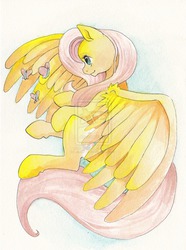 Size: 1484x1996 | Tagged: safe, artist:quila111, fluttershy, butterfly, g4, female, flying, smiling, solo, spread wings, traditional art, watercolor painting