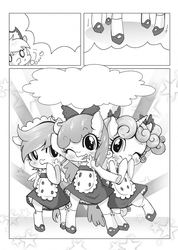 Size: 1000x1407 | Tagged: safe, artist:catseyeart, apple bloom, applejack, scootaloo, sweetie belle, pony, semi-anthro, g4, apron, bipedal, bow, clothes, cutie mark crusaders, dress, maid, monochrome, pixiv, socks, textless