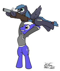 Size: 1063x1252 | Tagged: safe, artist:the-furry-railfan, oc, oc only, oc:night strike, oc:static charge, earth pony, pegasus, pony, fallout equestria, fallout equestria: empty quiver, clothes, fastball special, grenade launcher, gun, jacket, m79, weapon