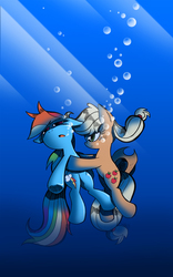 Size: 1500x2400 | Tagged: safe, artist:labba94, applejack, rainbow dash, earth pony, pegasus, pony, g4, breathing, bubble, drowning, faint, female, lesbian, mare, rescue, ship:appledash, shipping, shipping fuel, underwater, water