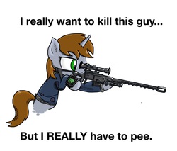 Size: 1028x874 | Tagged: safe, artist:kill joy, oc, oc only, oc:littlepip, pony, unicorn, fallout equestria, adventure in the comments, clothes, desperation, fanfic, fanfic art, female, funny, gun, hooves, horn, jumpsuit, mare, meme, need to pee, omorashi, optical sight, pipboy, pipbuck, potty time, rifle, simple background, sniper rifle, solo, text, vault suit, weapon, white background