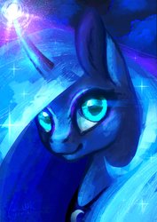 Size: 940x1330 | Tagged: safe, artist:nekiw, princess luna, alicorn, pony, g4, bust, female, glowing horn, horn, looking at you, magic, portrait, smiling, solo